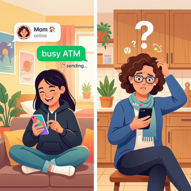 Split illustration showing a teen casually texting ATM while a confused parent wonders what it means
