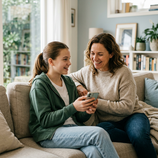A parent and teenager sitting together having an open conversation about phone usage