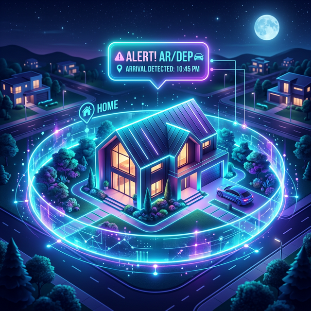 A high-tech 3D illustration of a suburban house surrounded by a glowing digital geofence boundary indicating an arrival alert