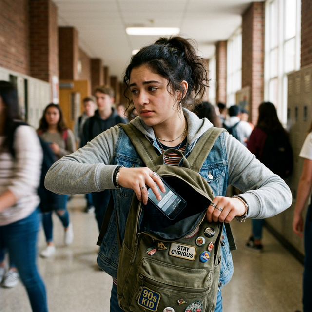 A photorealistic cinematic shot of a teenager hurriedly stuffing their smartphone into their backpack