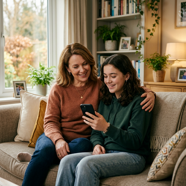 A parent and teen having an open conversation on the couch while looking at a smartphone