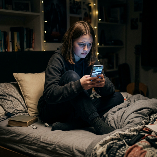 A professional photograph of a teenager looking nervous while texting in a dark room
