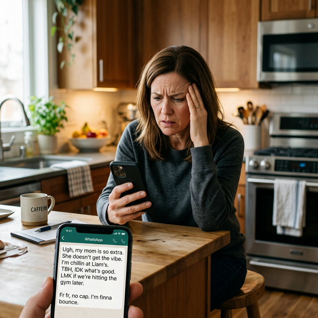 A frustrated parent trying to decode teenage text slang in their kitchen