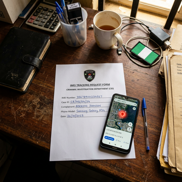 A desk showing IMEI tracking documents and a smartphone with a GPS map