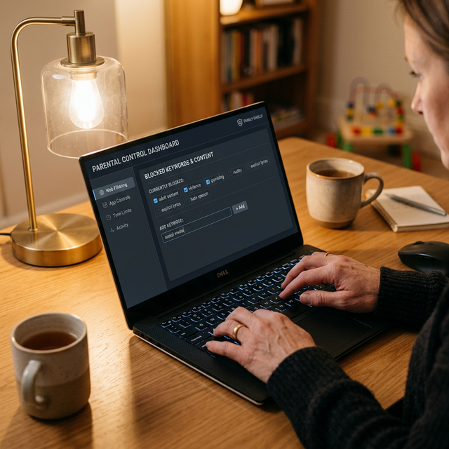 A parent building a keyword block list on a parental control dashboard