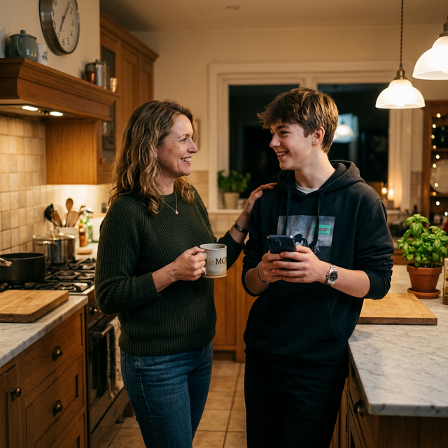 A heartwarming photorealistic image of a parent and teenager standing in a kitchen smiling and having a casual conversation while the teen holds a smartphone
