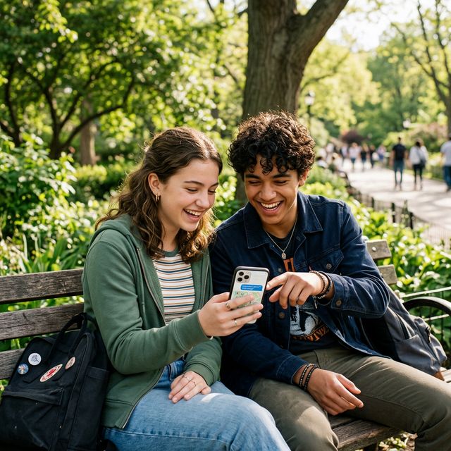A photorealistic cinematic shot of two teenagers hanging out outdoors in a park looking at a smartphone together making plans