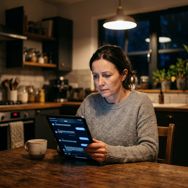 A concerned parent reviewing their teen phone messages at night