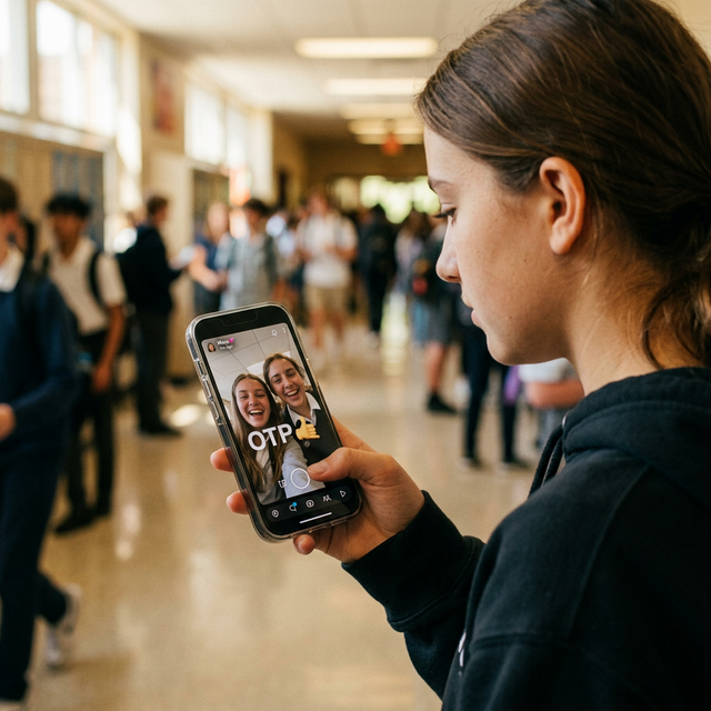 A teenager using Snapchat with an OTP message on screen