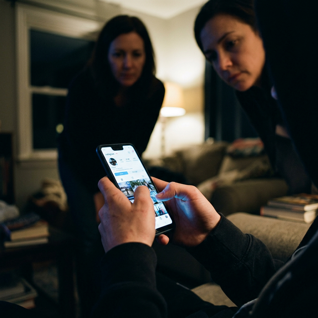 A cinematic photograph from the perspective of a teenager holding a smartphone showcasing a glowing screen while a parent stands blurred in the background