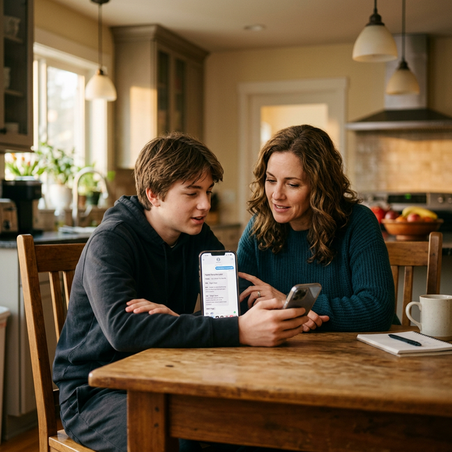 A concerned but supportive parent sitting with their teenager at a kitchen table looking at a smartphone