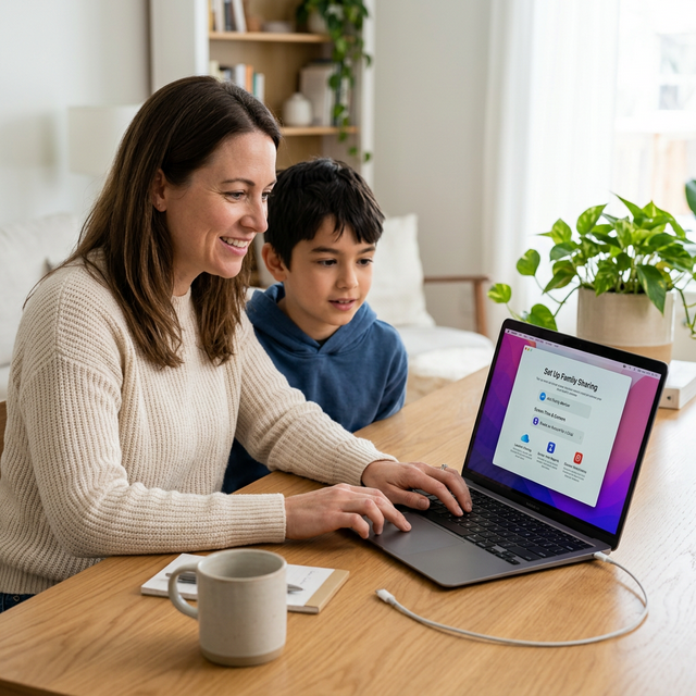 A parent setting up iCloud monitoring on a MacBook