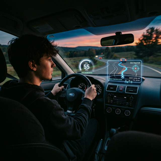 A cinematic photograph of a teenager driving at dusk with a glowing holographic digital speedometer overlay