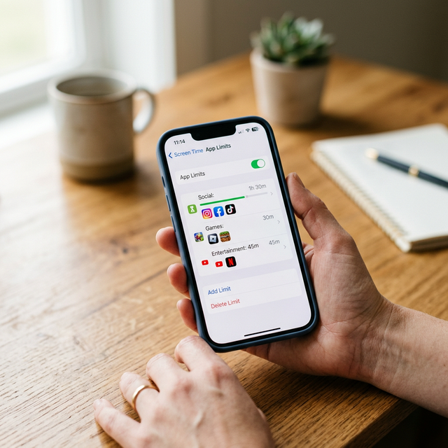 An iPhone showing Screen Time app limits settings for blocking TikTok