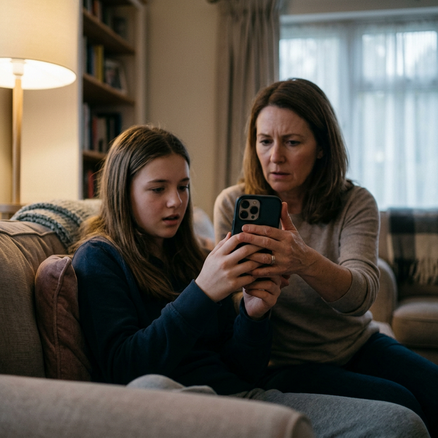 A photorealistic cinematic shot of a concerned parent gently taking an iPhone out of a teenager's hands in a softly lit living room, symbolizing <a href=