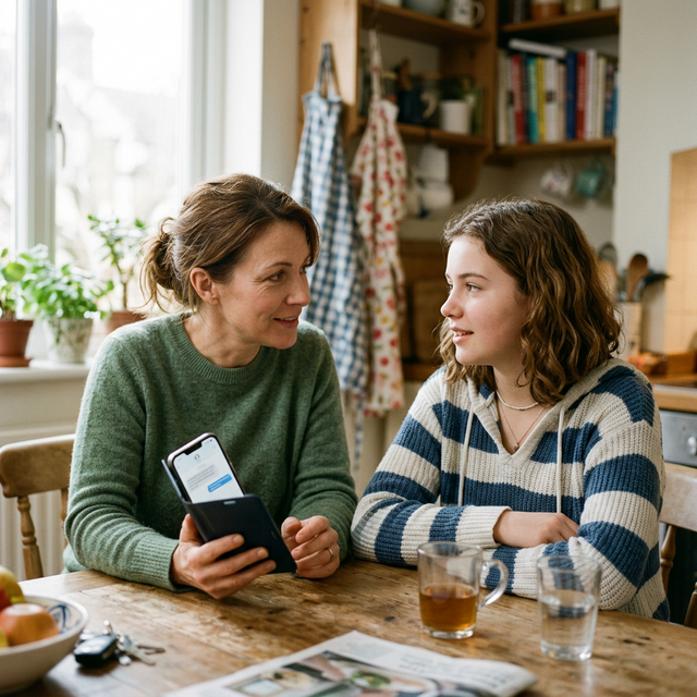 A parent and teenager having a casual conversation about texting slang